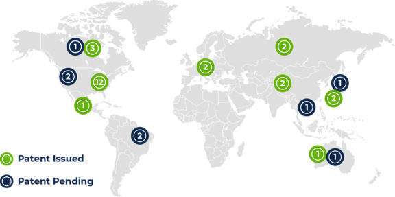 Graphic showing issued and pending patents on a global scale with a map