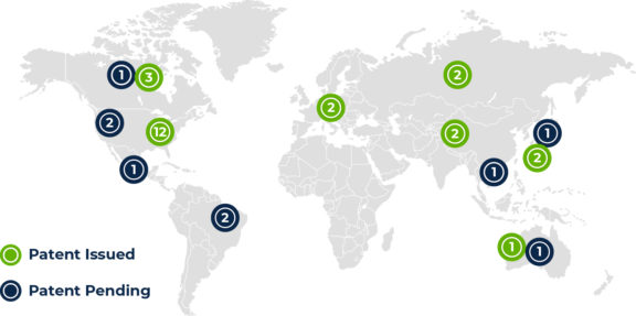 Graphic showing issued and pending patents on a global scale with a map